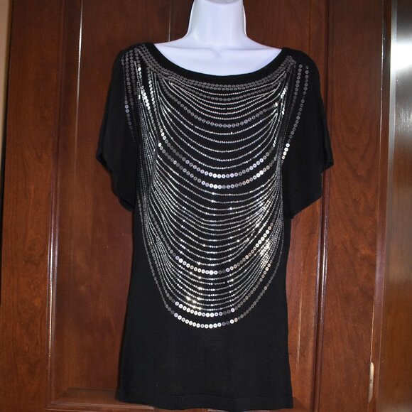 Cache Black Sequin Blouse Size M Embellished Sparkle Top Party Evening Glam - Picture 2 of 16